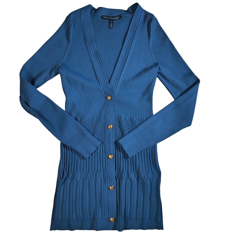 White House Black Market Blue Ribbed Longline Cardigan Gold Button Front Size S